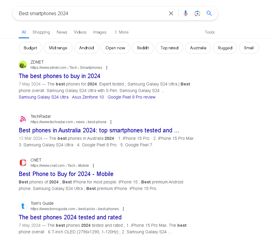 Best smartphones 2024 search query