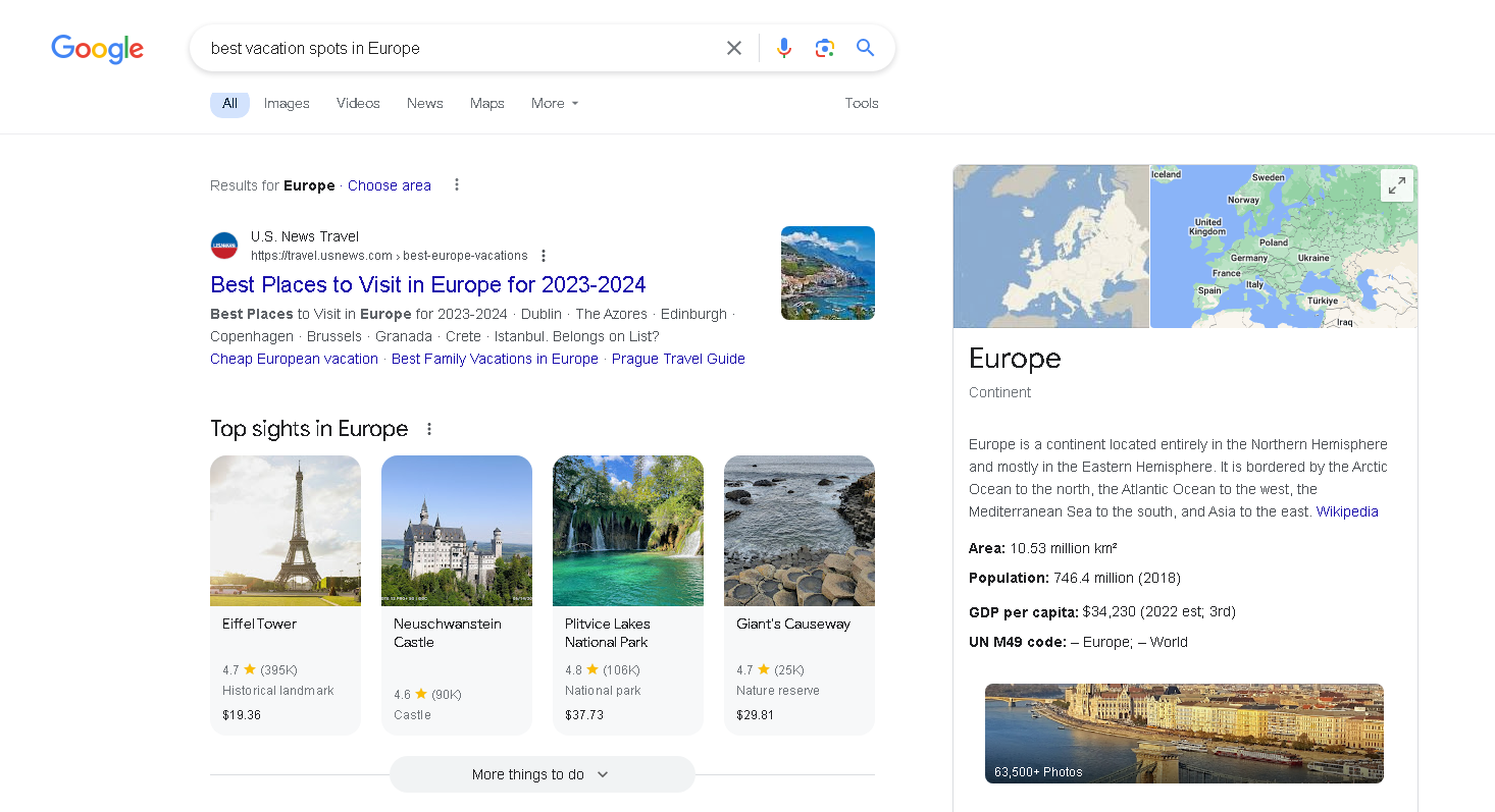 Best vacation spots in Europe search query