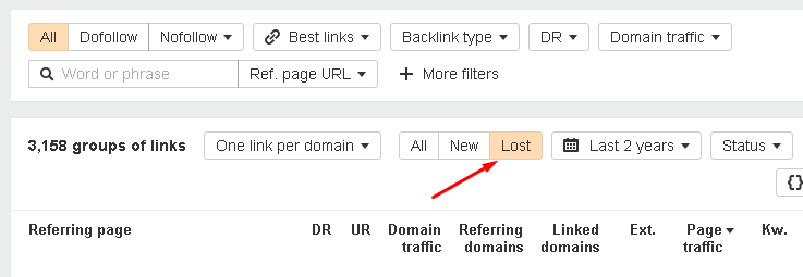 Ahrefs Backlinks Report Tab Sorted to Lost Links