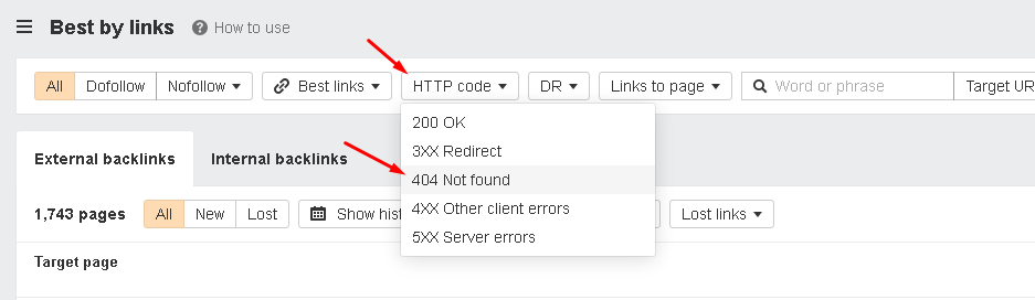Ahrefs Best By Links Report Sorted to 404 Not Found Only